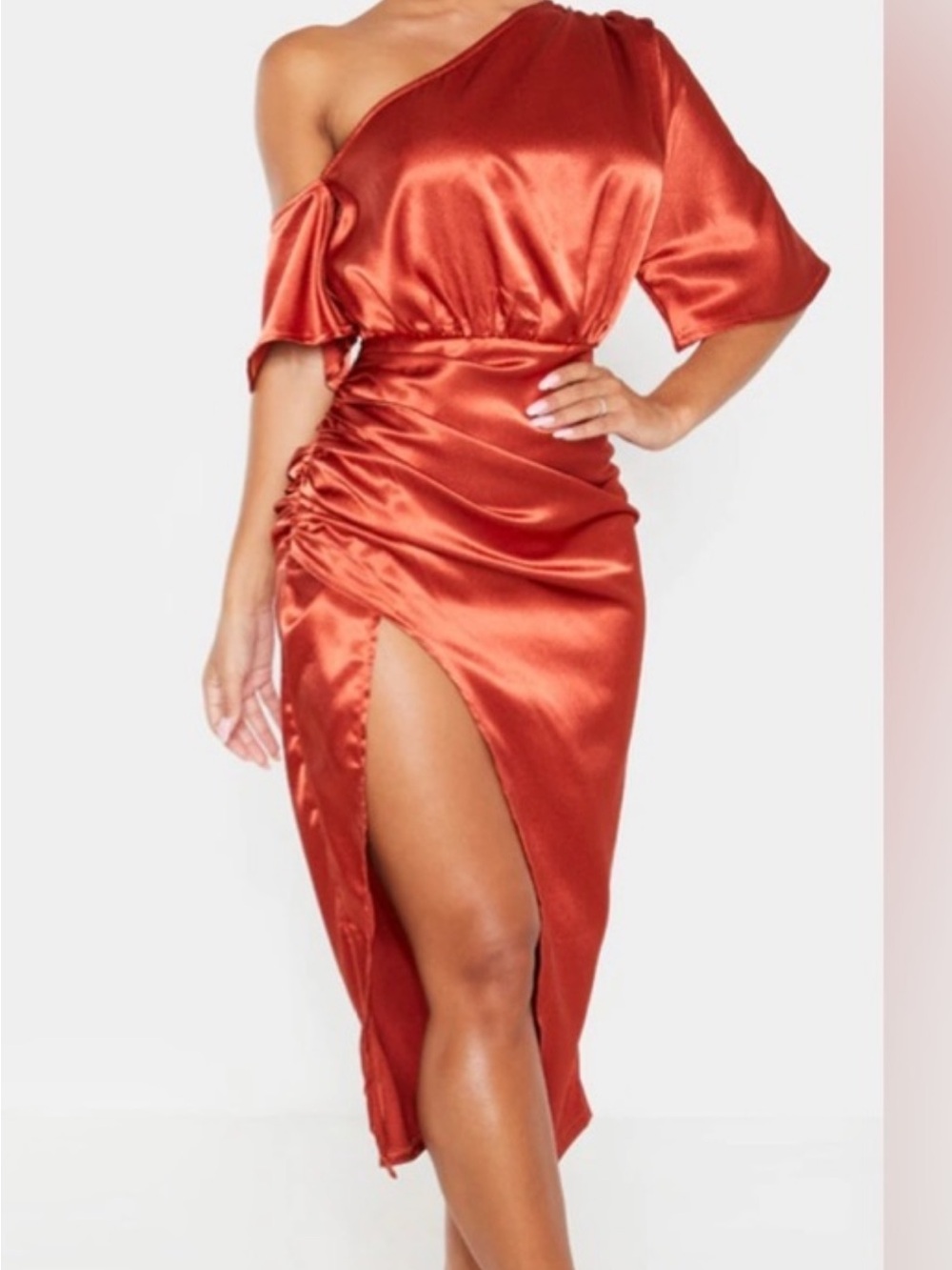 PrettyLittleThing One-Shoulder Satin Dress in Rust